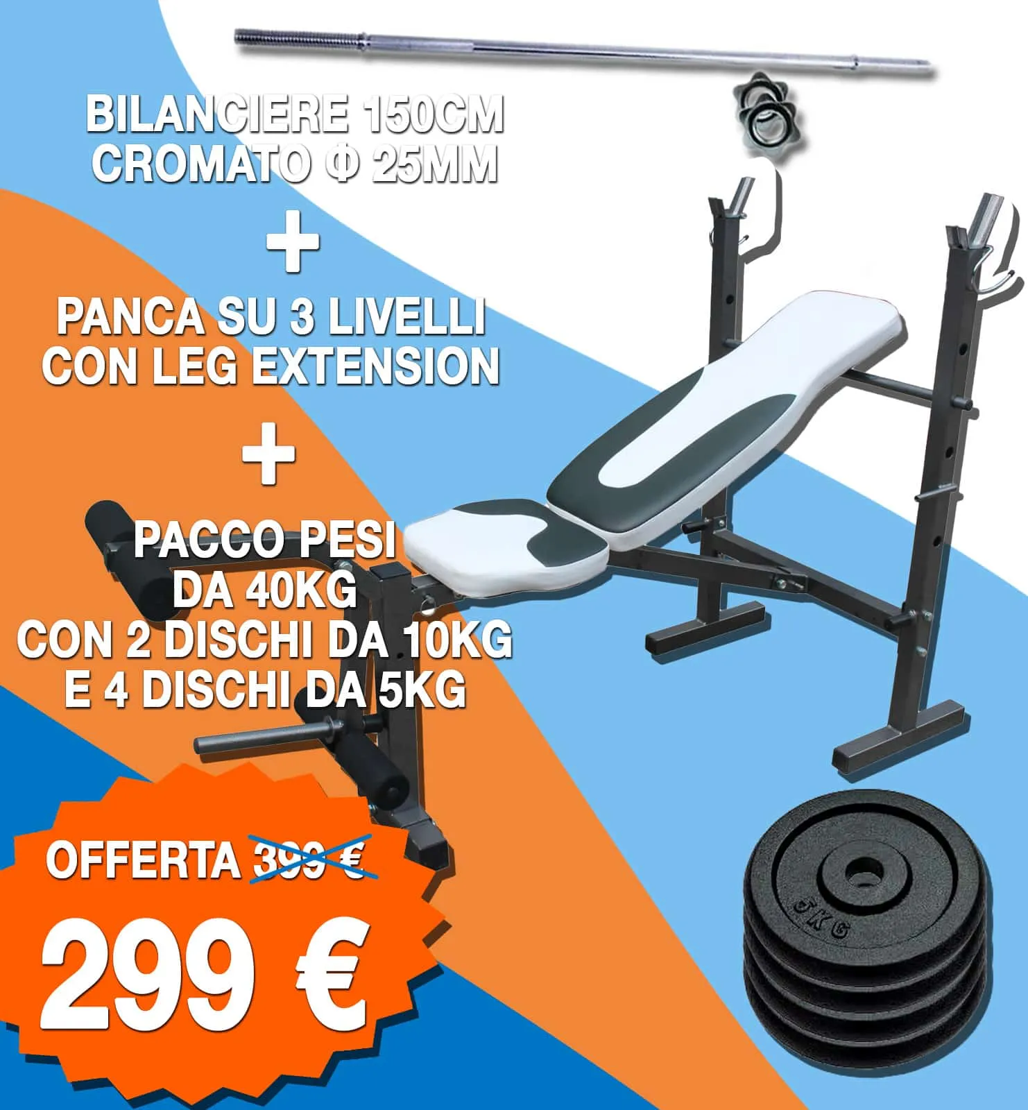 Kit Completo Panca Richiudibile + Bilanciere 150 cm + 40 Kg Dischi in Ghisa