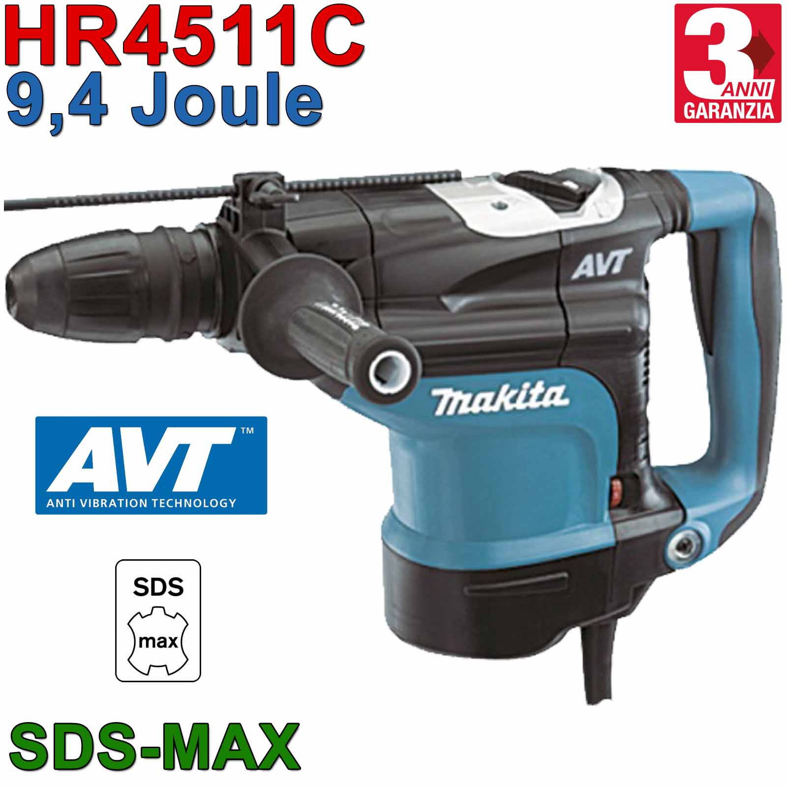 Martello Rotativo 1350W SDS-Max MAKITA Impatto 9,4 Joule Demolitore HR4511C - immagine 3