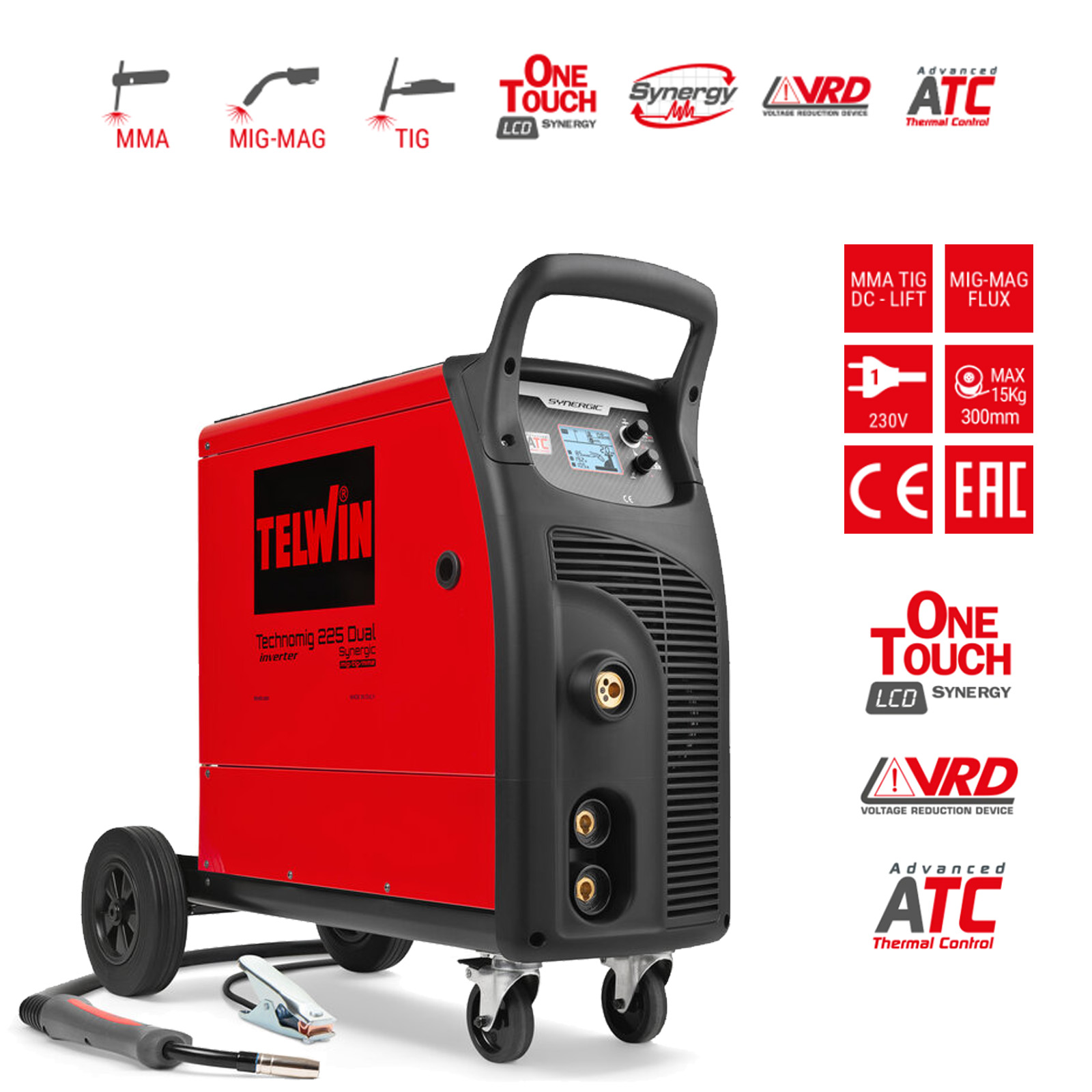 Saldatrice Inverter 220A Multiprocesso TELWIN Monofase 230V MIG-MAG FLUX BRAZING MMA TIG DC-Lift modello TECHNOMIG 225 DUAL SYNERGIC - immagine 2