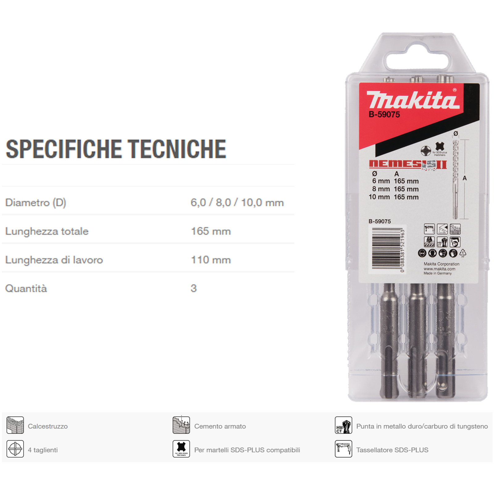 Set 3 Punte SDS-Plus MAKITA per Trapani Tassellatori per Muro Cemento articolo B-59075 - immagine 3